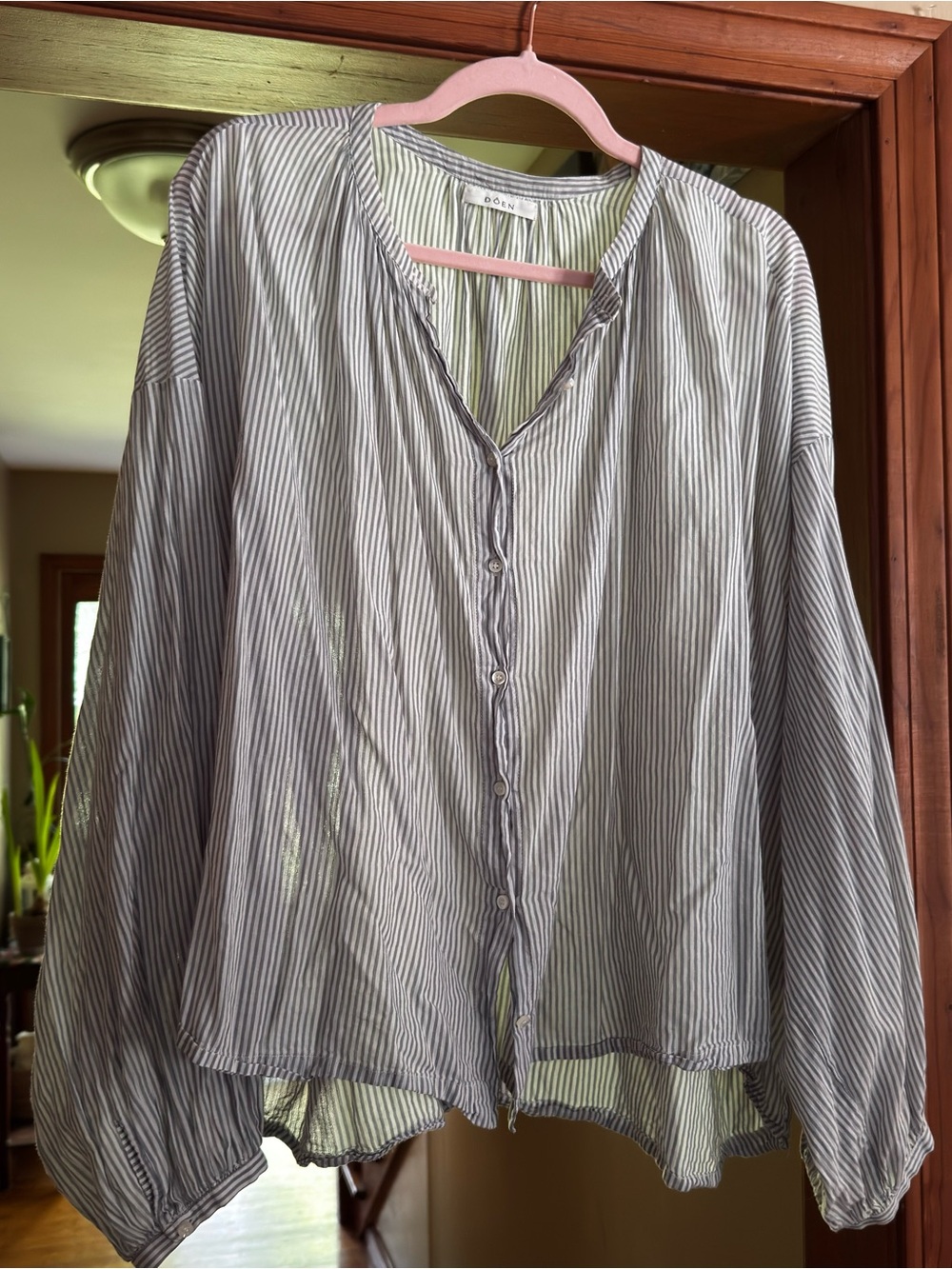 Dôen blue cream striped Jane button down blouse organic cotton size XXL